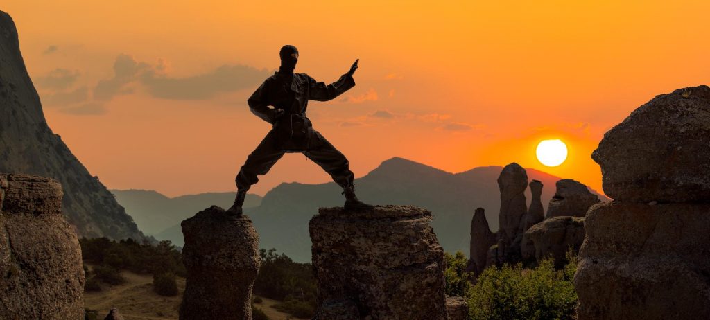 Persona practicando artes marciales con una puesta de Sol en un viaje a Japón con RC Viajes